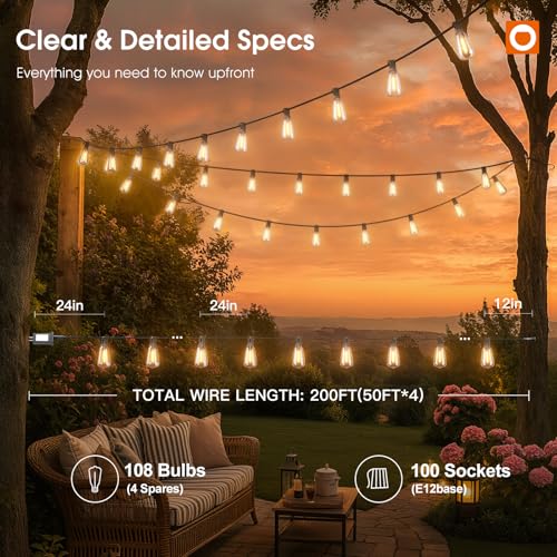 200FT(50*4) Outdoor String Lights with Remote LED Edison Waterproof (Black-Remote / 200FT (100 Sockets))