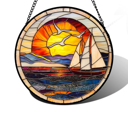 Ocean Sailboat At Sunset Stained Glass Window Hanging Suncatcher Gifts 7.8"