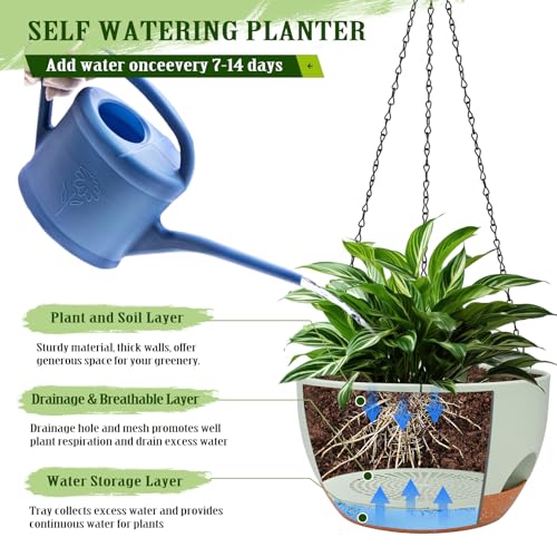 2 Pack 10 Inch Self Watering Hanging Planter for Indoor Outdoor Plants (Green / 10 inch)