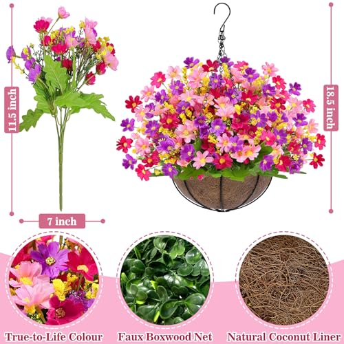 Artificial Hanging Flowers Basket for Outdoor Spring Summer Decor (Daisy Purple Mix)