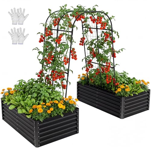 2pcs 6x3x1.5ft Galvanized Raised Garden Bed with Tall Arch Trellis (Black / 6x3x1.5ft 2pcs W/ Trellis)