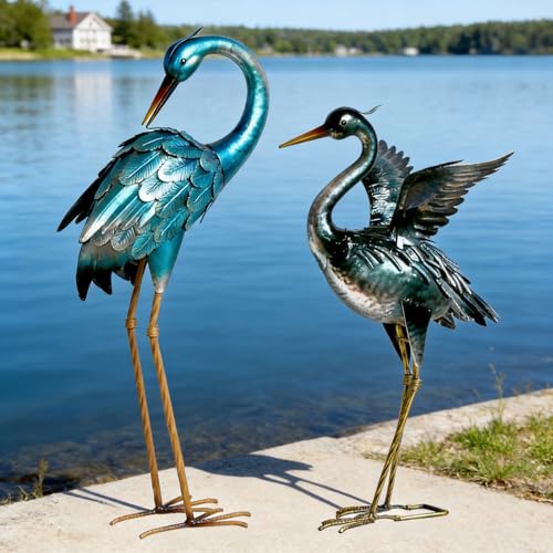 Garden Crane Statues Blue Heron Metal Birds Yard Art Ornament (Dark Blue)