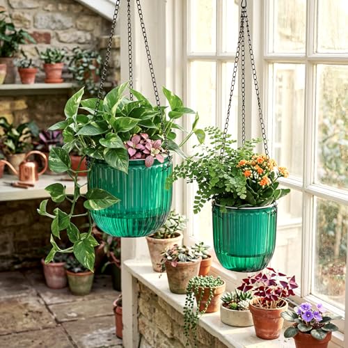 2 Pcs 6.5'' 4.5'' Hanging Self Watering Pot for Indoor Plant (Emerald / 6.5'' 4.5'')