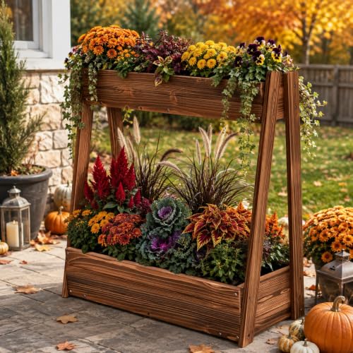 36" 2 Tier Freestanding Elevated Wooden Raised Garden Bed (36" H Garden Bed-carbonized Wood Color)