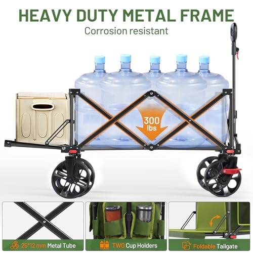 47" L Collapsible Wagon Cart with Tailgate & Brake (Green / 250L)