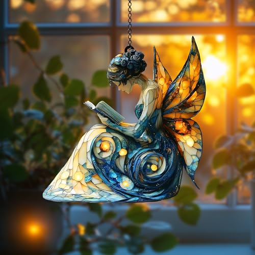 Butterfly Fairy Reading Book Acrylic Suncatcher Ornament Window Hanging Book Lover Gift Fairy Garden Decor (1-fba-ett-evg-a250-g.1 / 12")