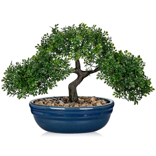Artificial Bonsai Tree Faux Plants Indoor Fake Plants Decor with Blue Ceramic Pots for Home Table Office Desk Bathroom Shelf Bedroom Living Room Farmhouse Decor (Blue Glazed)