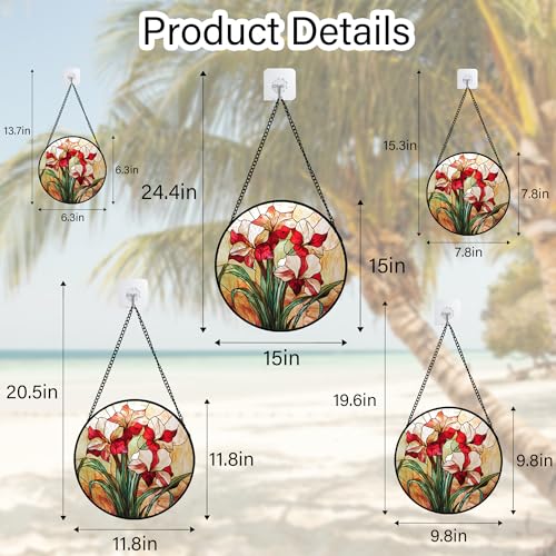 Red Flowers Green Leaves Stained Glass Window Hanging Suncatcher Gifts 6.3" (Red / 6.3x6.3 IN)