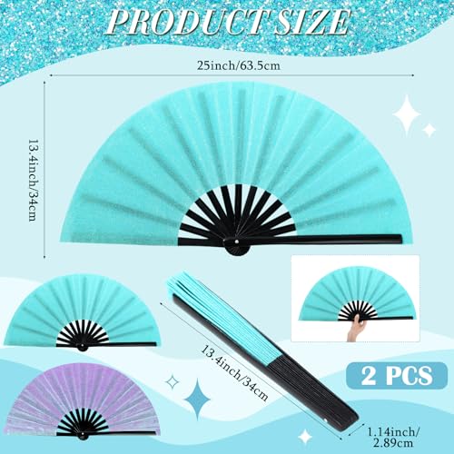 2 Packs Large Folding Hand Fans (Glitter Purple Blue)