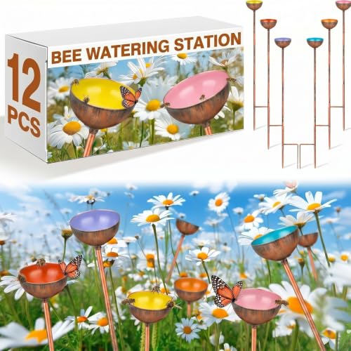 6 Pcs Bee Watering Station for Garden Bee Metal Watering Cups Butterfly Water Feeder Small Insects Bath Bowl Cups Metal Stakes for Outdoor Garden Decor (Colorful)