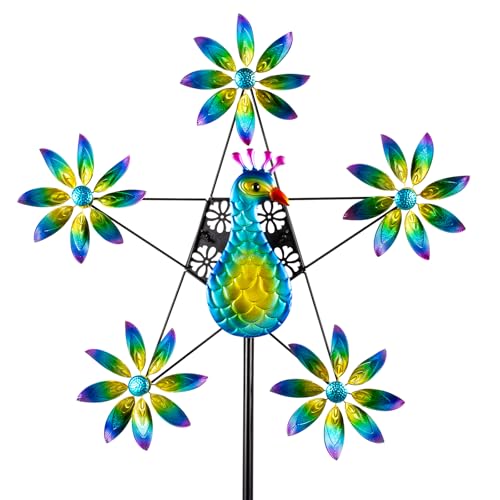 Peacock Colorful Flowers Wind Spinner with Stake (Green)