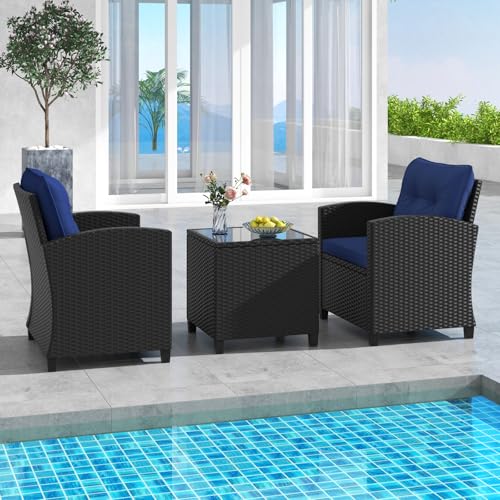 3 Pieces Wicker Patio Conversation Set (Black & Navy)