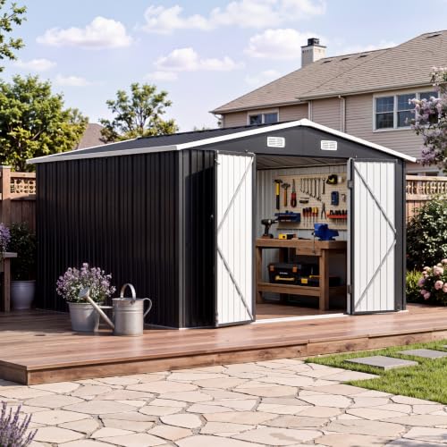 10x12 FT Outdoor Storage Shed with Lockable Double Doors (Black / 10'x12')