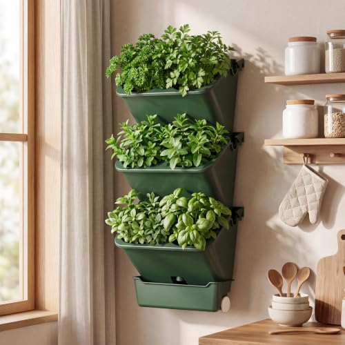 3 Set 6 Pocket Vertical Stackable Wall Planters Kit Outdoor Self Watering Plastic Planter Grow Hang Mount System for Strawberry Flower Vegetable Home Fence Balcony Wall Decor (Military Green)