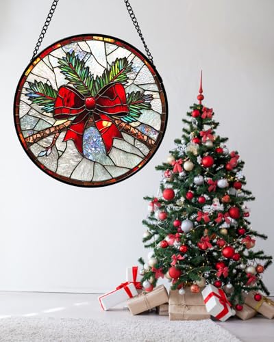 Christmas Pine Bow Stained Glass Window Hanging Suncatcher Gifts Decor 7.8" (Red and Green / 7.8x7.8 IN)