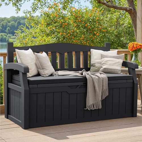80 Gallon Outdoor Storage Bench Deck Box (80 Gallon with Cushion / Black)