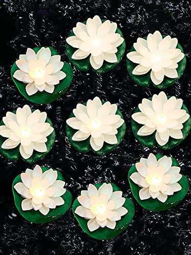 9 Pcs 3.94 in Floating Lotus Lights with Battery (3.94 Inch / White, Yellow Light)