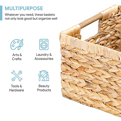 Large Wicker Basket Rectangular with Wooden Handles for Shelves (Water Hyacinth / 3-Pack Large (14.5"L x 10.3"W x 7.5"H))