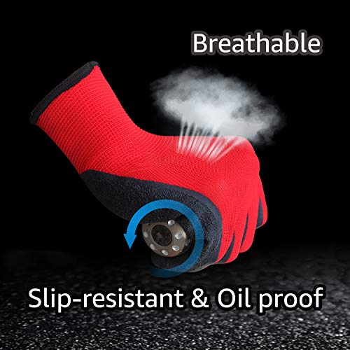 Crinkle Latex Rubber Coated Safety Work Gloves for Men Women (Medium / Red-12 Pairs)