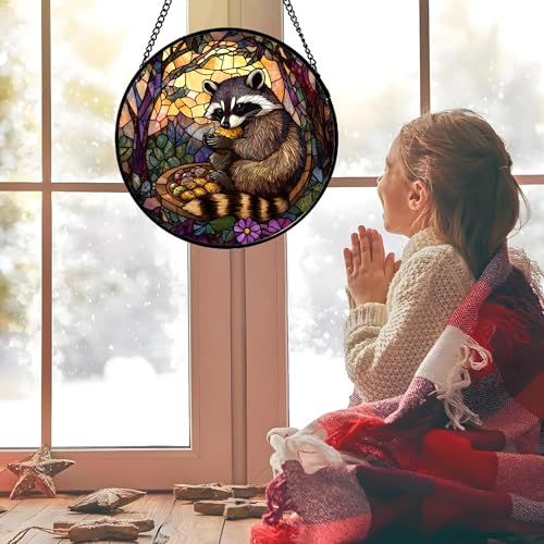 Raccoon Fruit Forest Stained Glass Window Hanging Suncatcher Gifts 7.8" (Dark Brown / 7.8x7.8 IN)