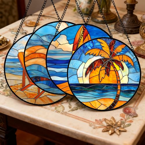 Stained Glass Window Hanging 4 Pcs Set Blue Orange Ocean Beach Theme 9.8" (4-piece Set: Blue Ocean / 9.8x9.8 IN)