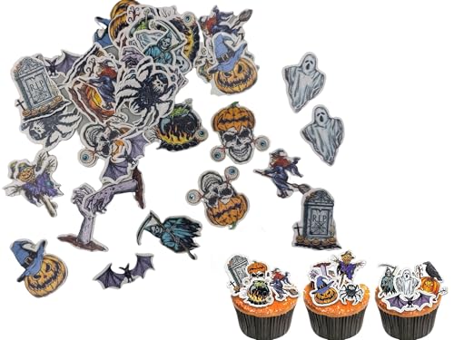 48pcs Edible Halloween Themed Pumpkin for Cake Decorating Spider Cupcake Toppers Bat Wedding Themed Party Birthday Cake Decoration