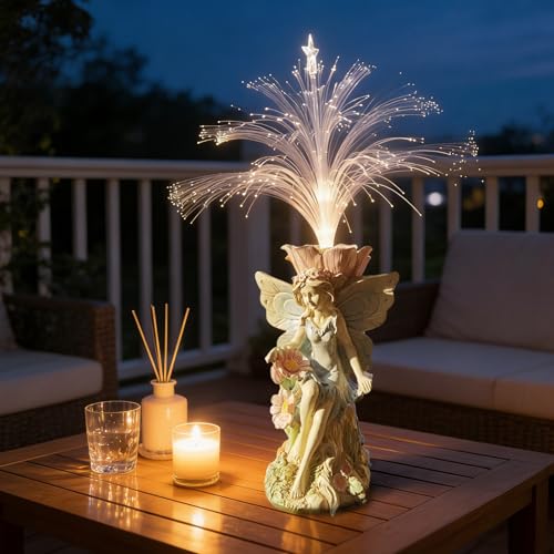 Fairy Garden Decor Statue Solar Fairy Garden Statues With Fiber Optic Light (White Fairy)