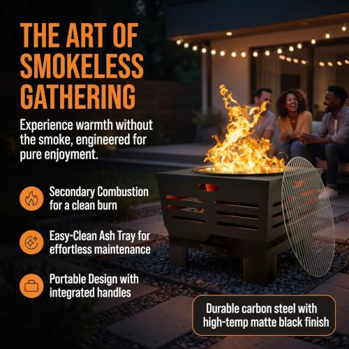Smokeless Wood Fire Pit with BBQ Grill for Camping & Backyard (Country Rustic)
