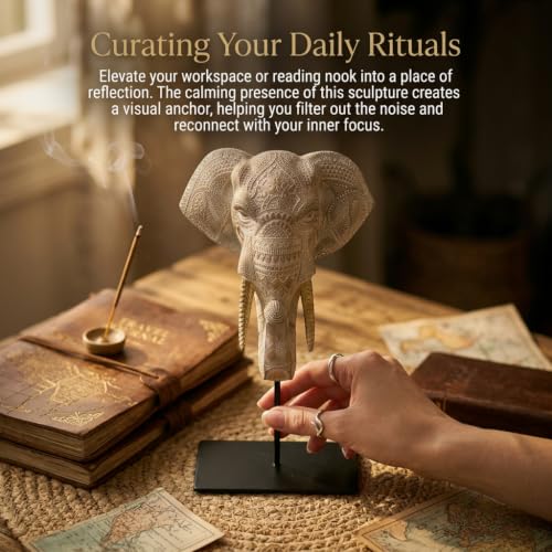 Carved Wood Elephant Statue Home Decor Living Room Luxury Gift (Cream White)