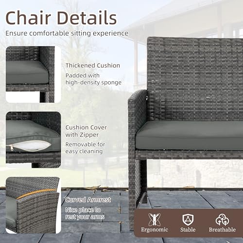 4 Piece Patio Ratten Set Outdoor Furniture Set Wicker Conversation Set with Cushions and Tempered Glass Tabletop (Grey)