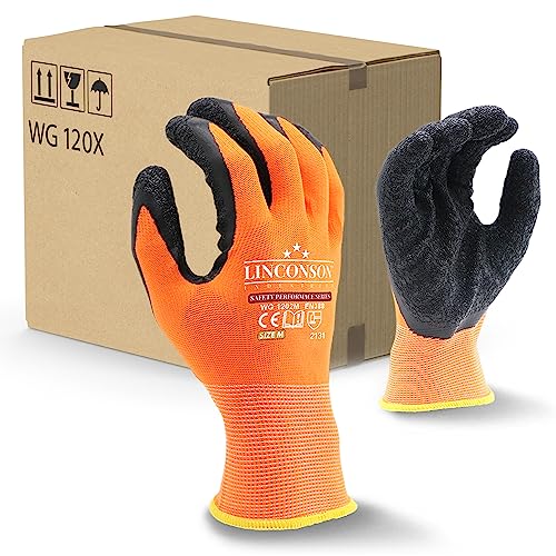 12 Pack Safety Performance Series Construction Mechanics Wrinkle Latex Work Gloves (Medium (12 Pairs) / Orange)