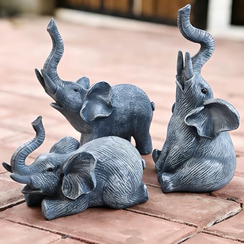 Elephant Garden Statues Set of 3 Resin White Outdoor Yard Patio Lawn Decor (Gray)