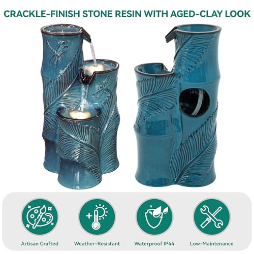 Autodaya Tropical Turquoise Ceramic Outdoor Water Fountain with Lights (25.5"h Bamboo-style Teal Blue)