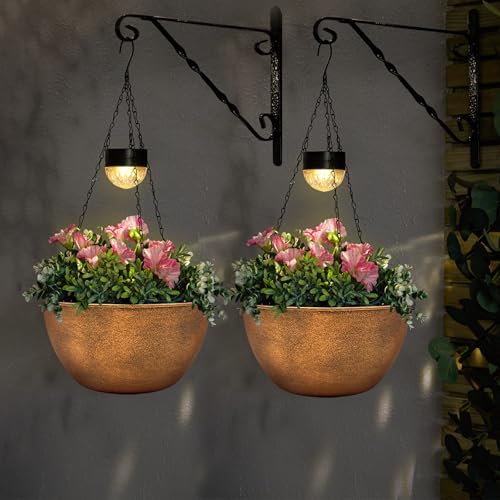 2 Packs Solar Hanging Basket Planters for Plants Outdoor (Bronze)