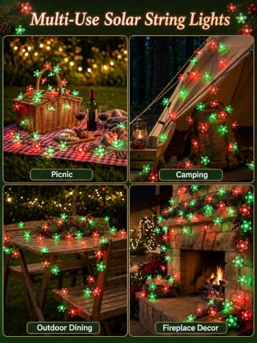Solar Flower String Lights Outdoor Waterproof 50 LED Fairy Lights (Red & Green / 1 Pack)