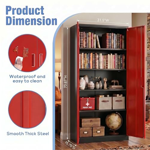 71 Inch Lockable Metal Storage Cabinet (Black & Red / 15.75"D x 31.50"W x 70.87"H)