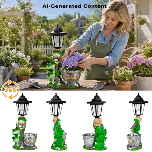 Solar Frog Outdoor Garden Statue with Flowerpot & Lantern (Frog)
