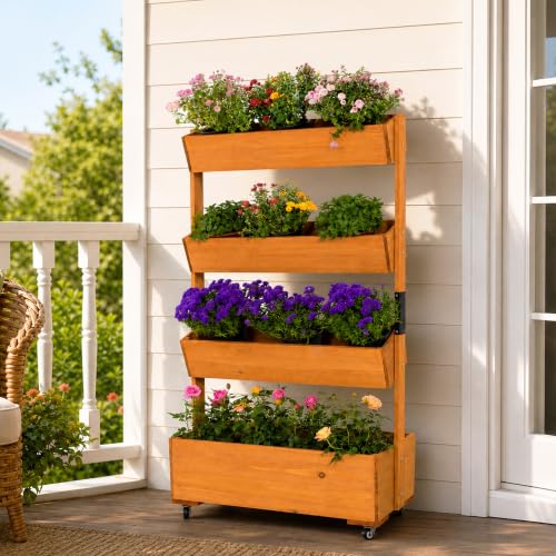 4 Tier Wooden Vertical Raised Garden Bed Outdoor with Wheels (Brown / W33.5× D18× H55in)