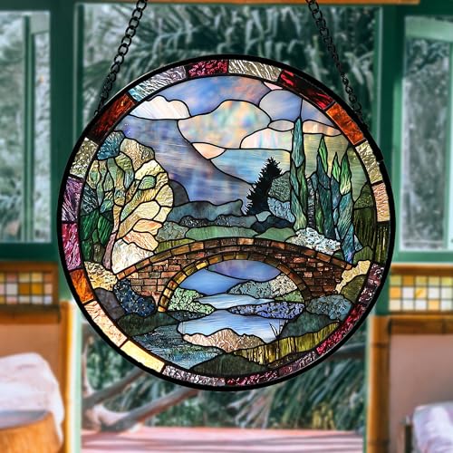 Stained Glass Window Hanging Arch Bridge Suncatcher Gifts for Women 9.8" (Blue Brown / 9.8x9.8 IN)