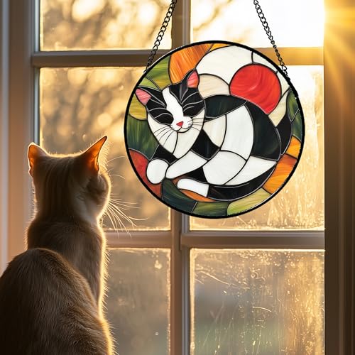 Cozy Tuxedo Cat Stained Glass Window Hanging Suncatcher Gift for Mom 6.3" (Black and White / 6.3x6.3 IN)