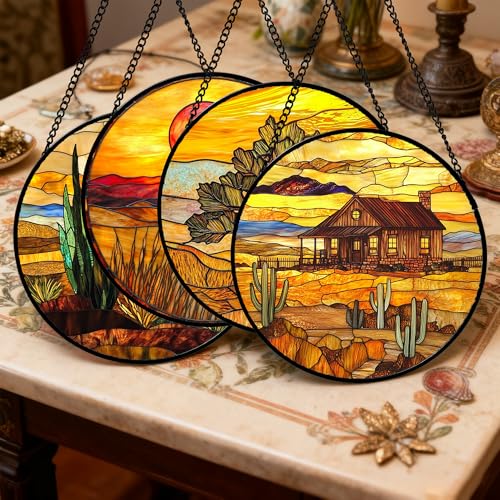 Stained Glass Window Hanging 4 Pcs Set Desert Sunset Theme Landscape 6.3" (4-piece Set Yellow-brown / 6.3x6.3 IN)