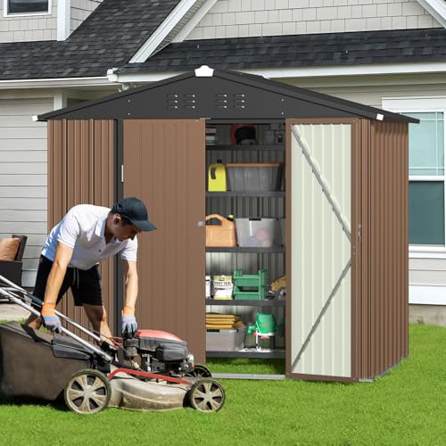 8 x 6 FT Outdoor Storage Shed (Brown / 8' x 6' FT/Peaked-roof)