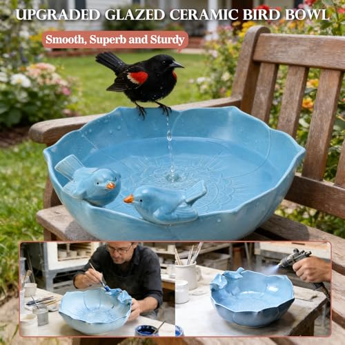 Glazed Ceramic Bird Bath Bowl Outdoor (Blue)