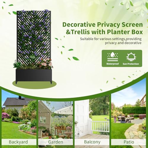 Metal Planter Box with Trellis and Wheels (Black / Rectangular E)