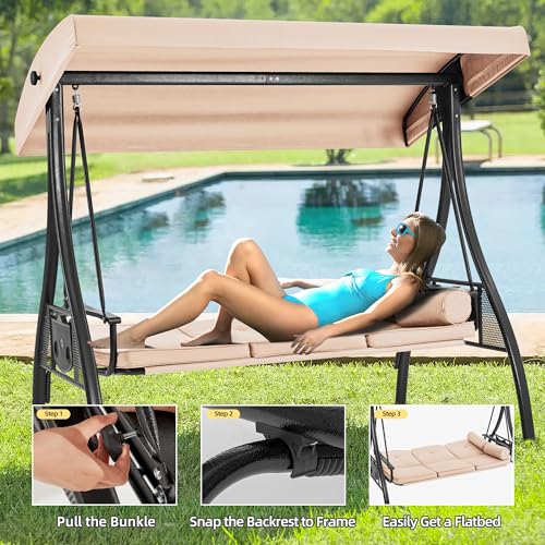 3 Seat Porch Swing with Adjustable Canopy (Khaki)