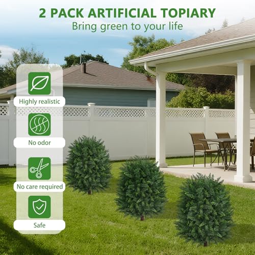 2 Pack Artificial 28.7 Inch Cedar Topiary Trees with Ground Spike (Large Size Cedar)