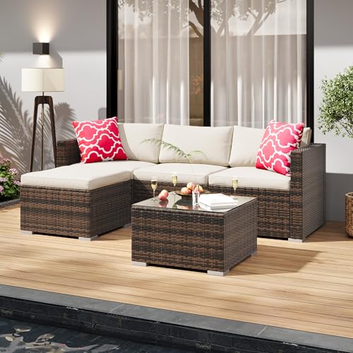 5-Piece All-Weather Patio Furniture Set, Convertible Outdoor Sectional Sofa with Ottoman & Tempered Glass Table, PE Rattan Conversation Set for Garden, Backyard, Porch, Poolside (Brown/Beige / 5 Pieces)