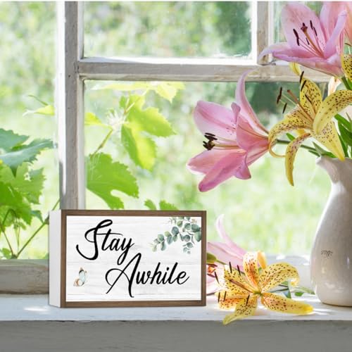 Stay Awhile Wooden Box Sign Desk Decor (Stay Awhile)