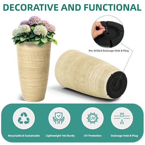 AUTODAYA 23.5" Tall Planters for Outdoor Plants (23.5"h-ivory Stripes Texture)