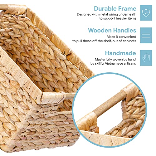 Large Wicker Basket Rectangular with Wooden Handles for Shelves (Water Hyacinth / 3-Pack Large (14.5"L x 10.3"W x 7.5"H))